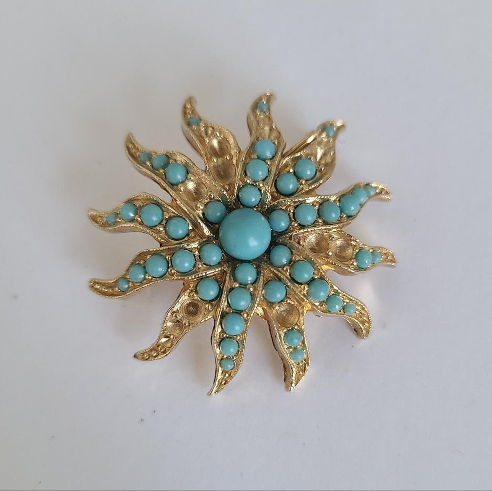 Vintage Bellini Victorian Revival Gold Turquoise Seed Pearl Starburst Brooch